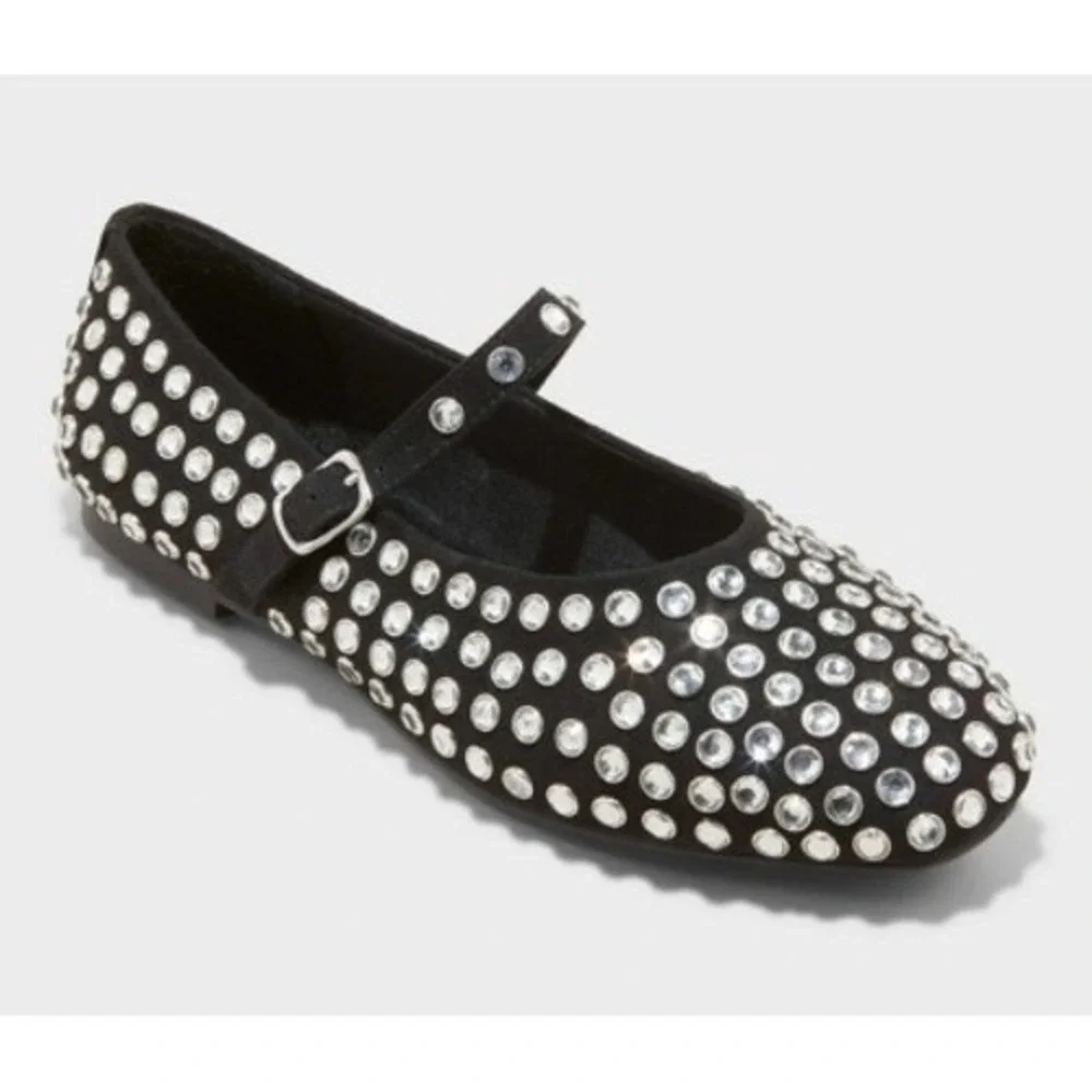 A New Day Issa Rhinestone Mary Jane Ballet Flats Black Sparkle Women Size 7.5